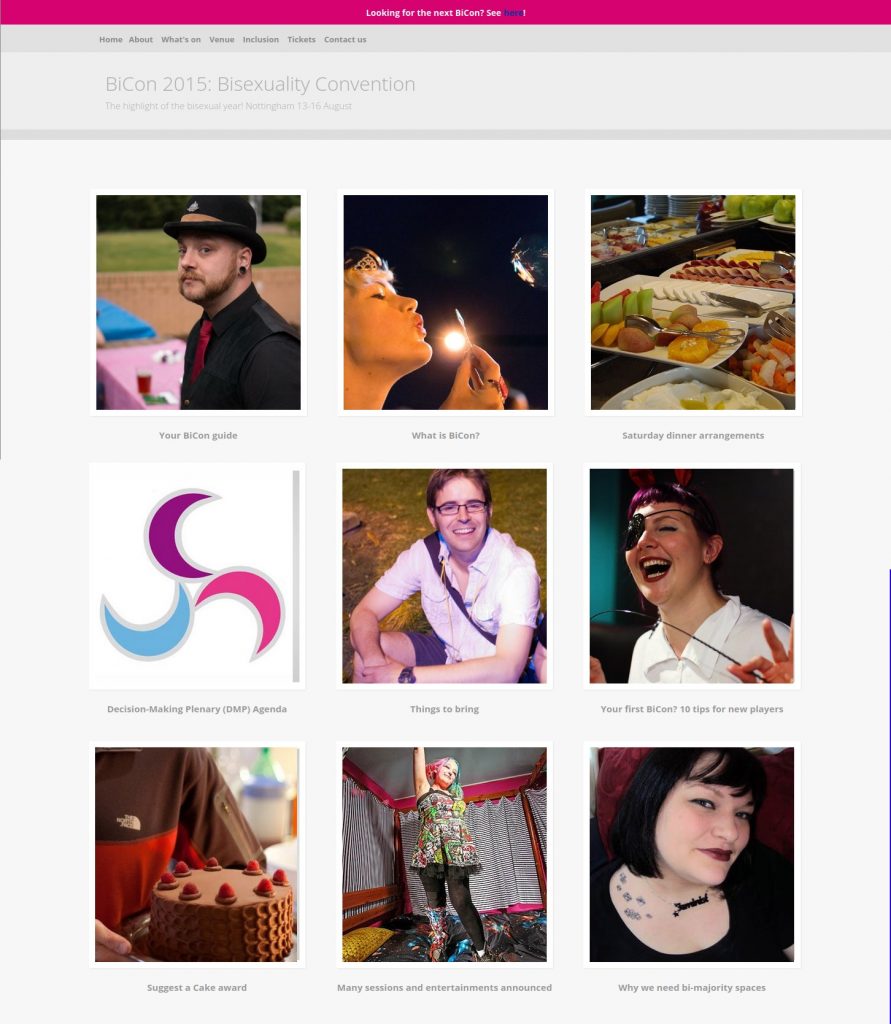 How the front page of the 2015.bicon.org.uk site looked in 2015: nine pictures in a 3x3 grid linking to various pages on the site. The colours was shades of grey.